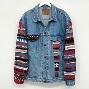 Vintage Denim Patchwork Jacket Coat Mens Size L XL Streetwear Hip Hop Y2K Grunge